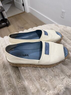 Prada Cream Leather platform Espadrille Slides with Blue Insole